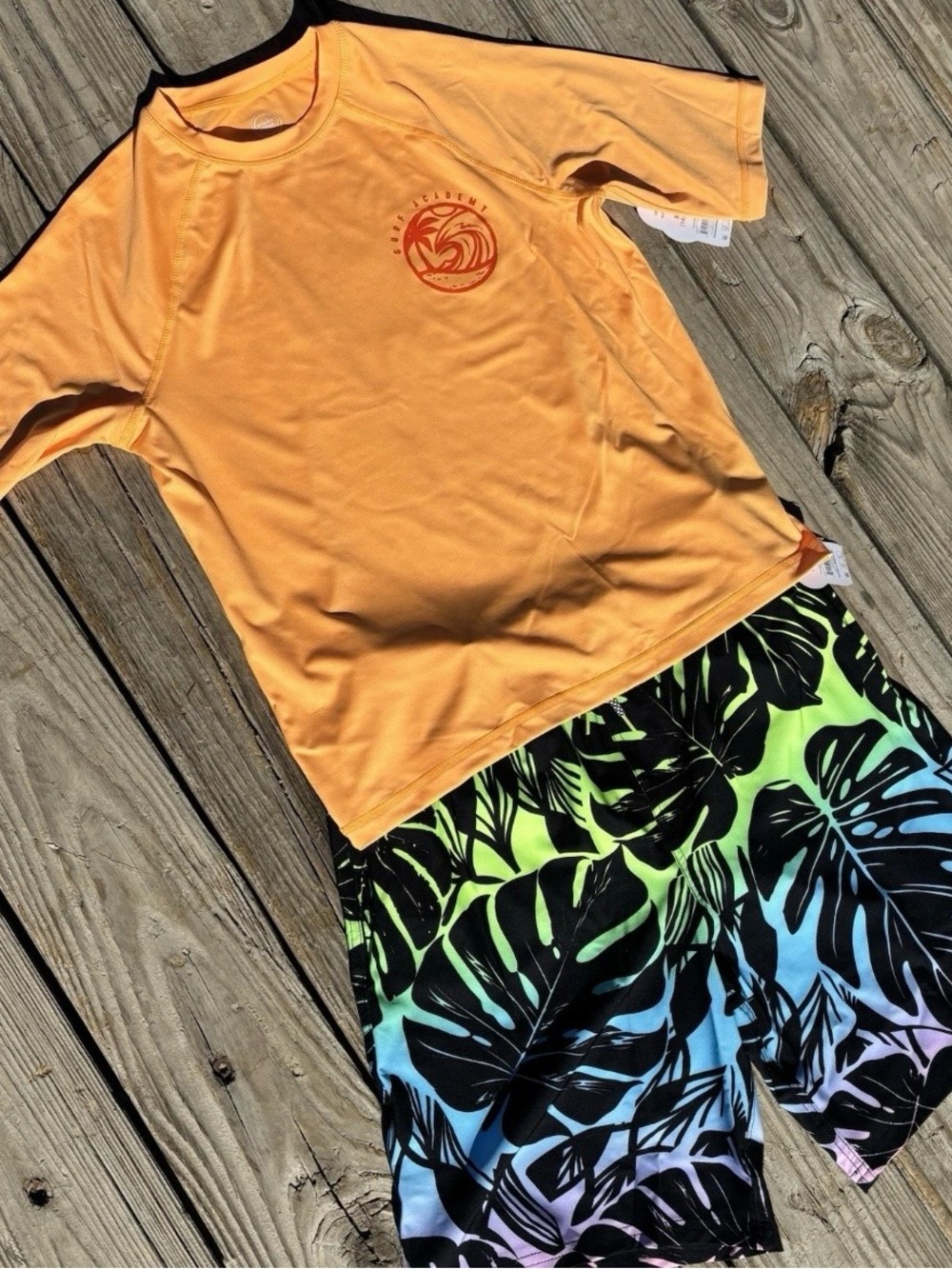 wonder nation Orange Rash-Style Swim Top with Multicolor Tropical Shorts